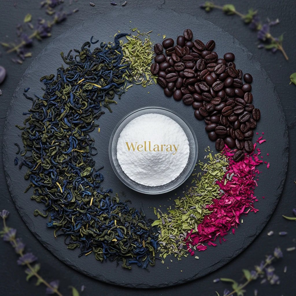 Flat lay of green tea leaves, coffee beans, L-Carnitine powder and dried plant herbs on dark slate with jewel-tone lighting