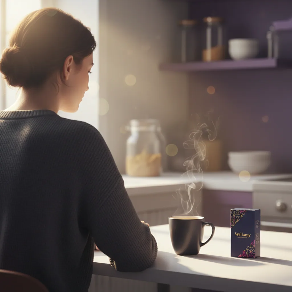 Anonymous person from behind at a bright kitchen table with a steaming coffee mug and supplement box, calm morning setting